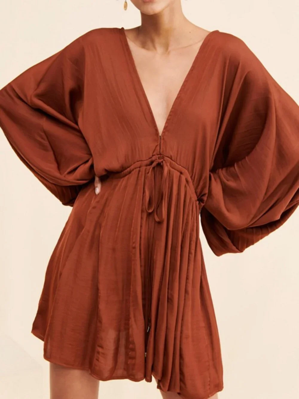 Free People Women's Cognac Arzel V-Neck Mini Dress Size Small 8561
